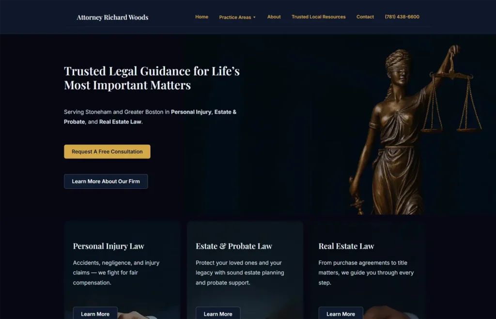 Attorney Richard Woods website homepage for Stoneham law office specializing in estate planning, probate, and real estate law