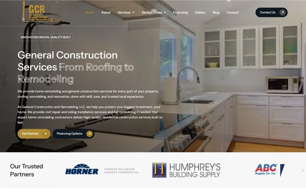General Construction and Remodeling RI website homepage featuring kitchen remodeling and home construction services in Rhode Island