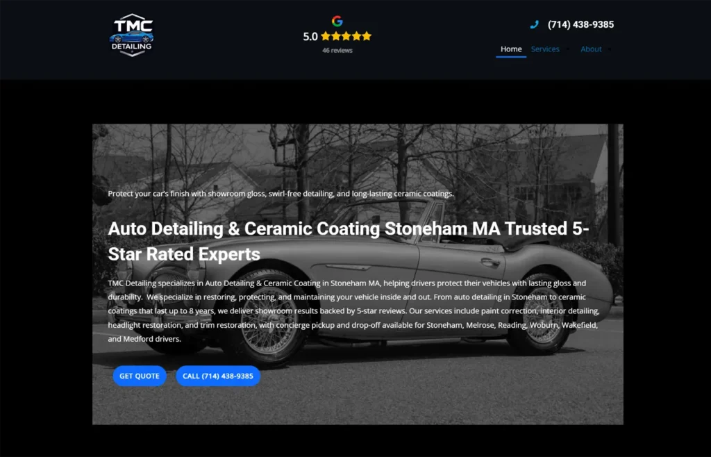 TMC Detailing website homepage featuring auto detailing and ceramic coating services in Stoneham MA with 5-star Google reviews