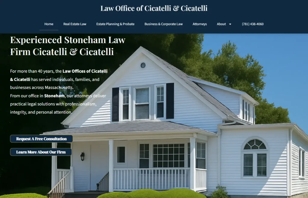 Prototype homepage design for Cicatelli & Cicatelli, a Stoneham MA law firm specializing in estate planning, probate, and real estate law.