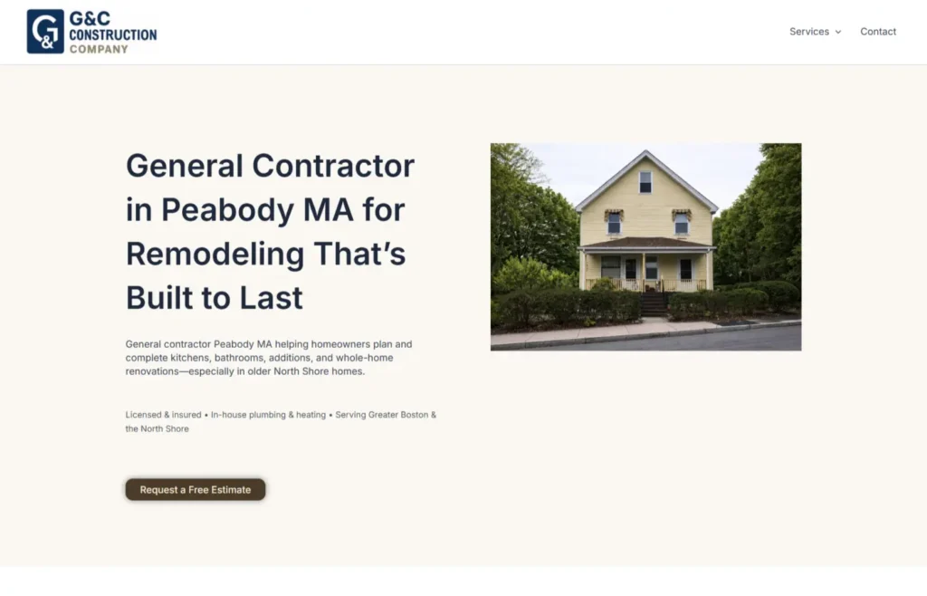 Custom WordPress build for a Massachusetts general contractor specializing in home additions, decks, roofing, siding, kitchens, bathrooms, and interior renovations — optimized for local SEO in Greater Boston.