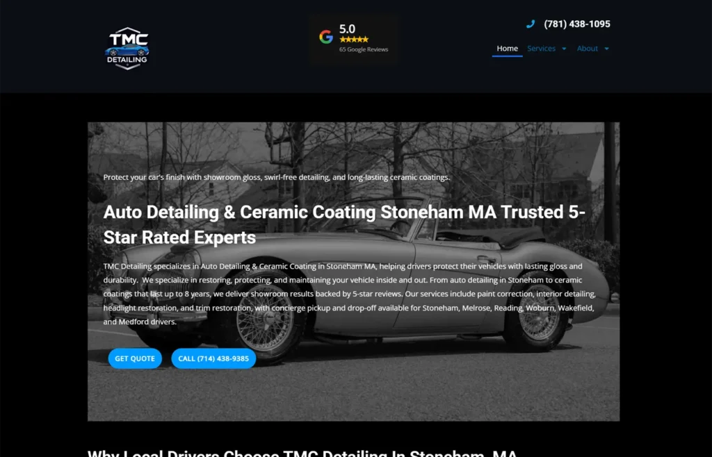 TMC Detailing website homepage featuring auto detailing and ceramic coating services in Stoneham MA with 5-star Google reviews