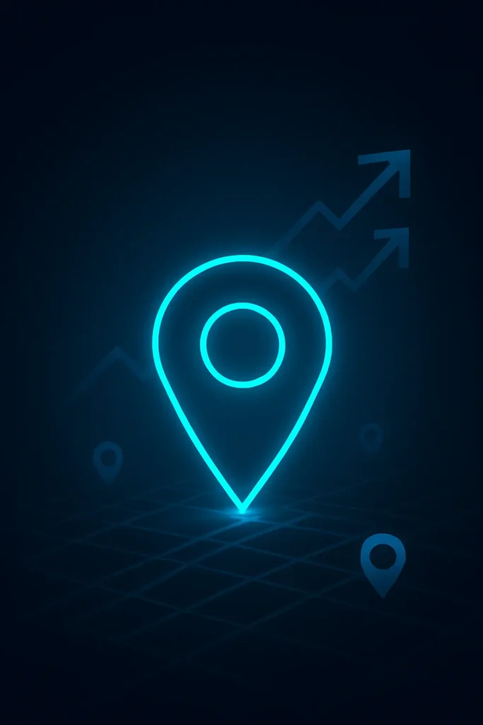 Web design & SEO concept showing a glowing location pin and upward arrows to represent stronger local visibility.