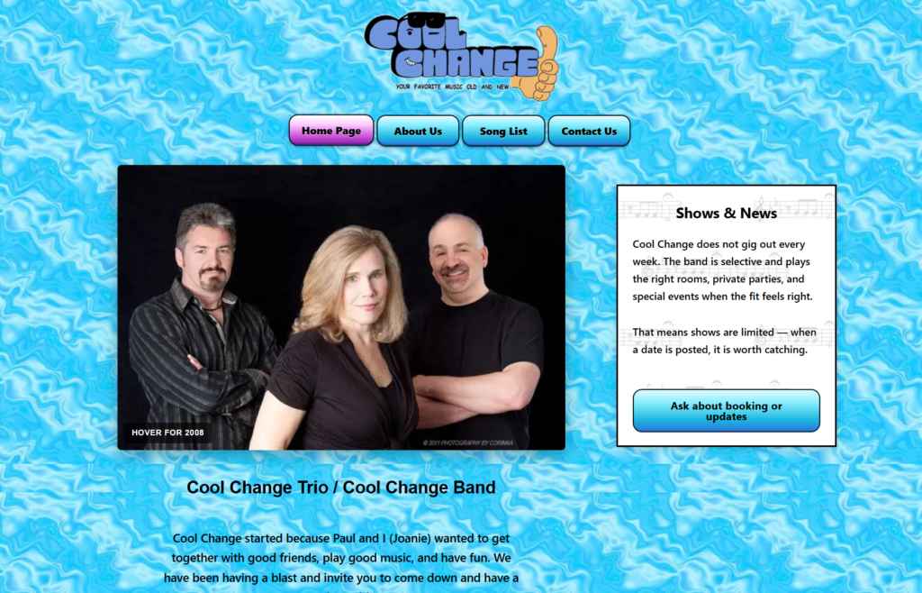 TMC Digital Works portfolio - CoolChangeMusic.com retro band website design